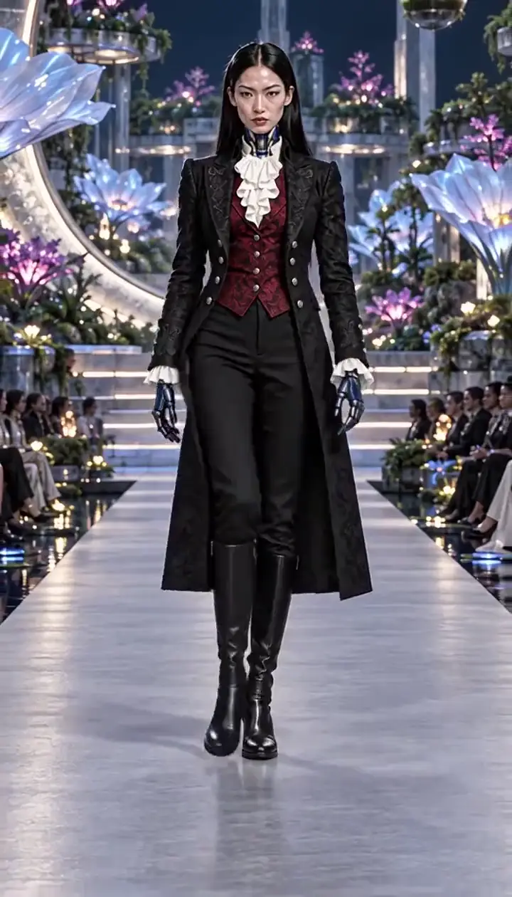 An android model walking a night-garden runway, animated with MiniMax H3