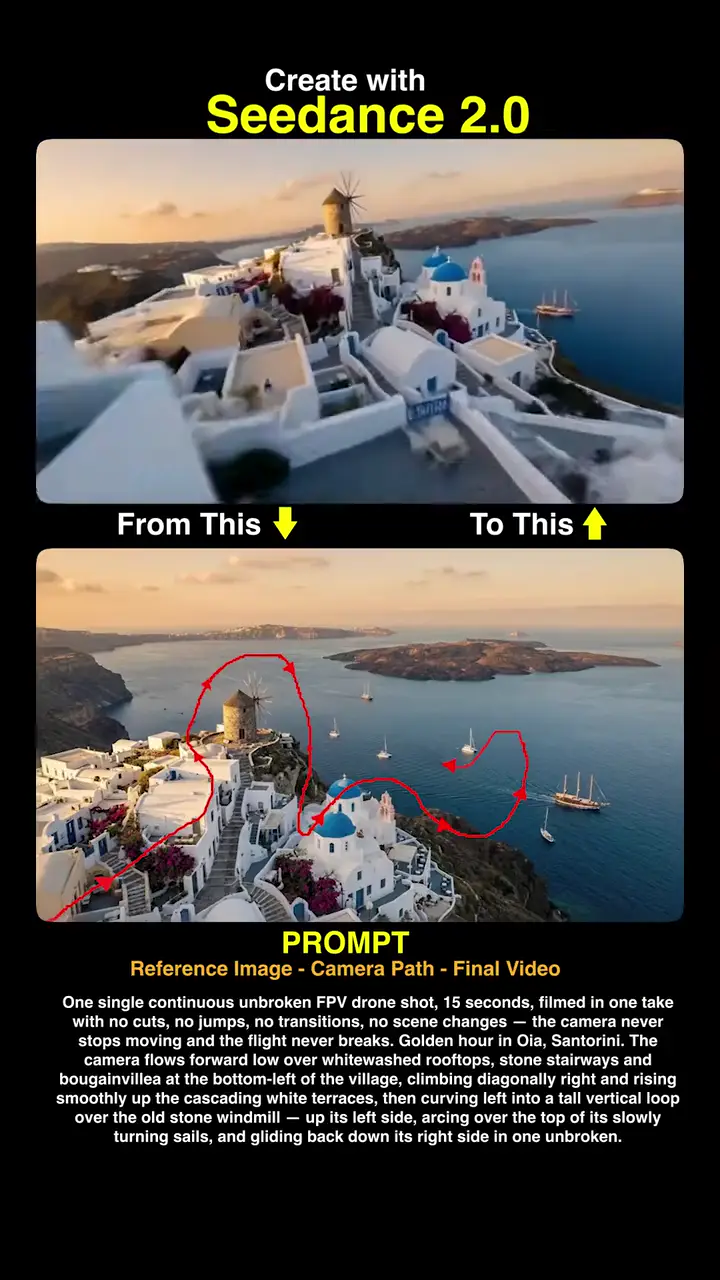 One photo of Santorini and a drawn camera path become an AI drone flight with Seedance 2.0